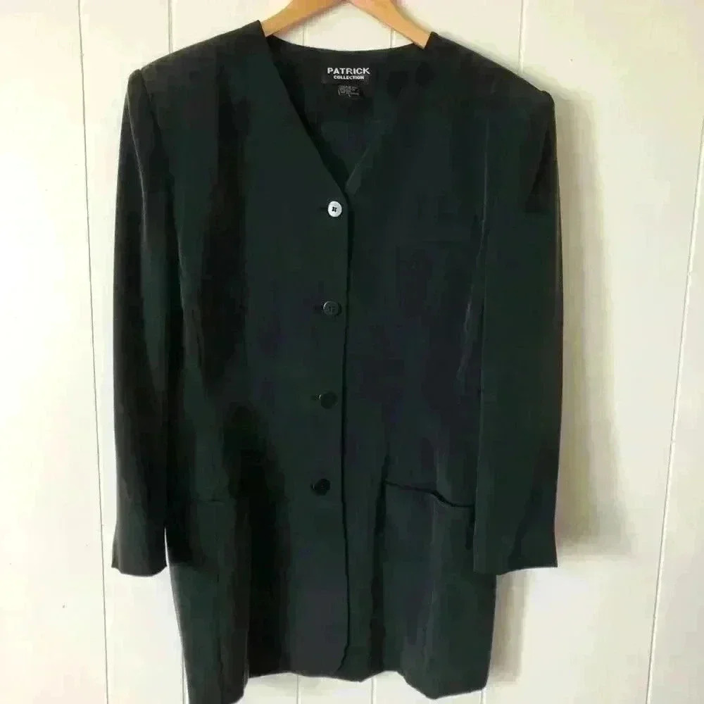 Patrick Collection Vintage Dark Grey Collarless Long Silk Blazer Jacket Size L
